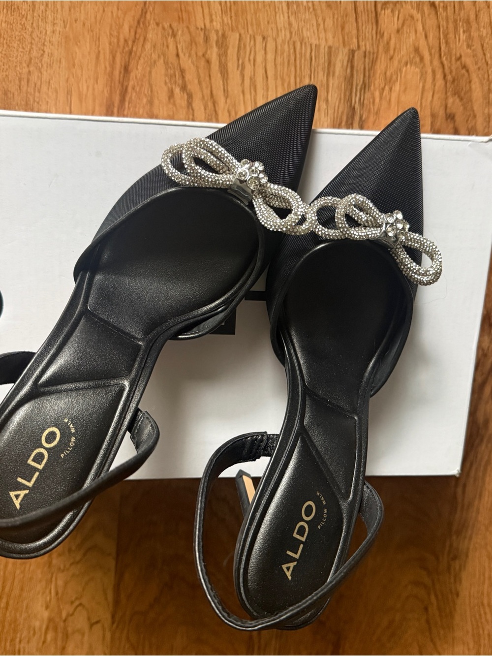 Aldo Black Pointed Slingback Flats with Crystal Knot Accent